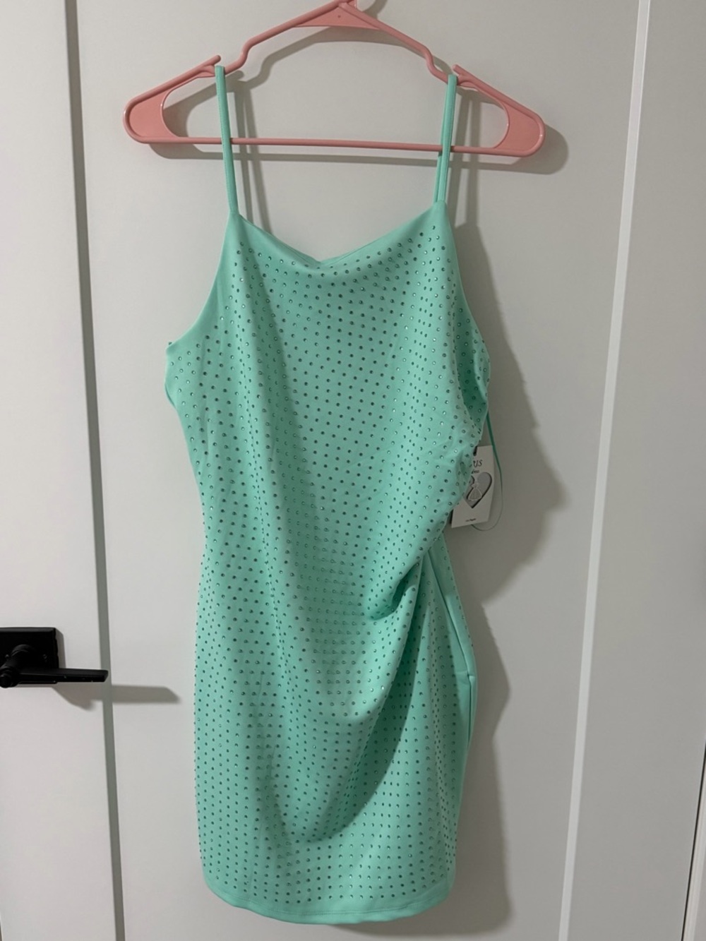 iris Mint Green Crystal-Studded Spaghetti Strap Mini Dress
